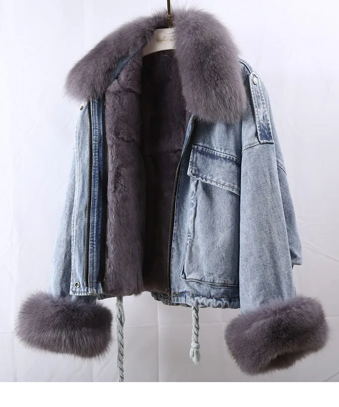 Зимняя джинсовая куртка из натурального меха кролика Рекс, женские пальто, воротник из лисьего меха, новинка зимы, женское джинсовое пальто из натурального меха, парки