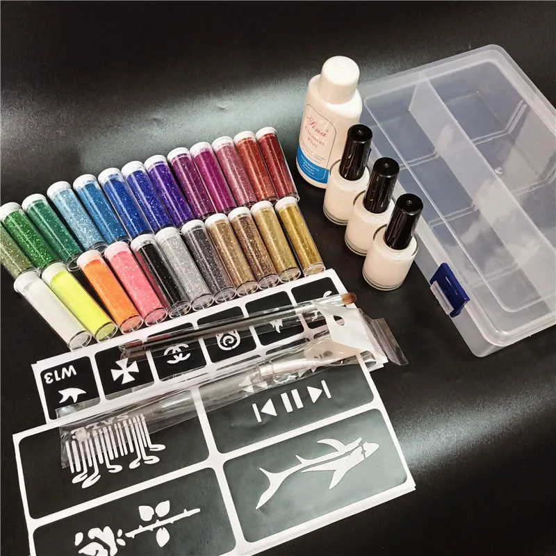 High Capacity 24 Colors Powder Shimmer Glitter 3 Glues 2 Brushes 2 Stencils For Temporary Tattoo Kids Face DIY Nail Art