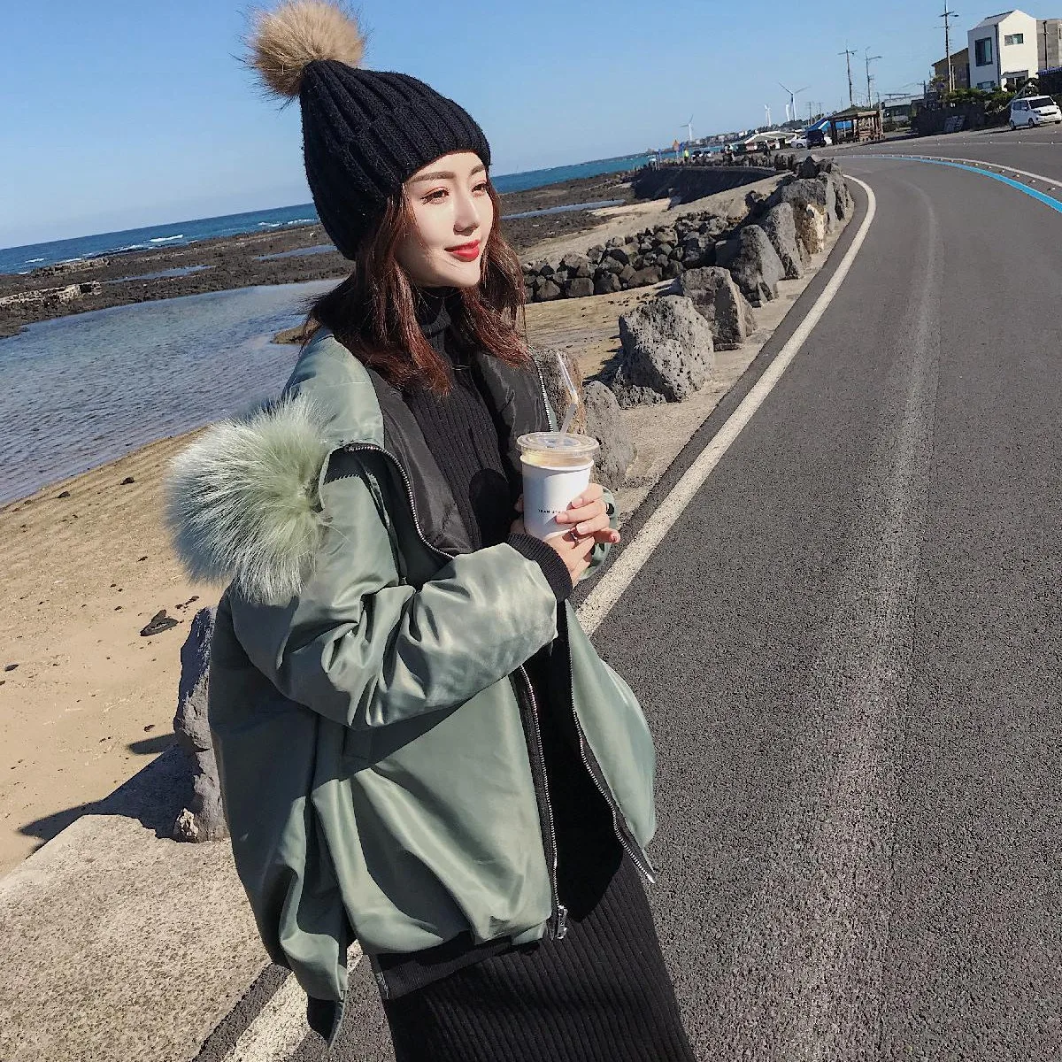 

2019 Chic Korean-style Oversize Mid-length Loose-Fit Hooded Large Fur Collar Mint Green Winter Cotton-padded Clothes WOMEN'S Coa