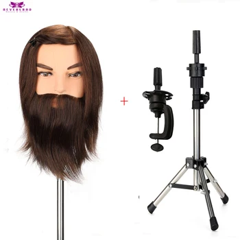 

Male Beard Brown 100% Real Animal Hair Wig Head Model Training Mannequin Head with Tripod Stand Deep Cutting Hairdressing