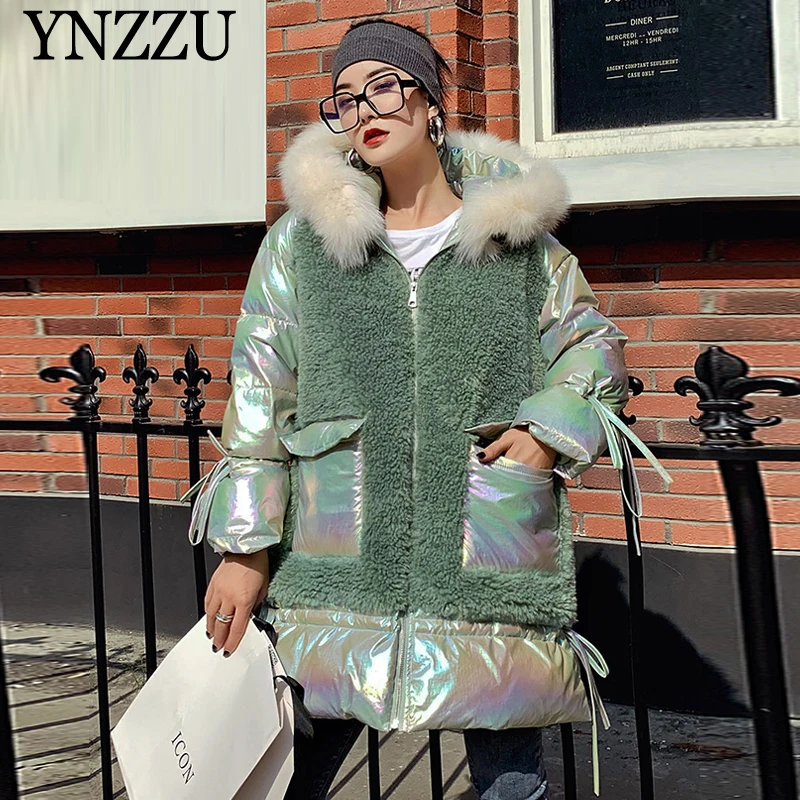 

Women Winter Hooded Down jacket 2019 New Loose Lambs wool Patchwork Fashion Outwear Fur collar High street Warm Coat YNZZU 9O103