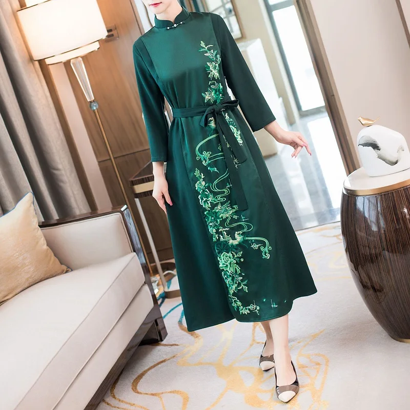 Vestidos Feminino ; осеннее элегантное платье 50-х 60-х платье Для женщин изысканная вышивка с длинным рукавом до середины икры Длина Винтаж зеленое платье