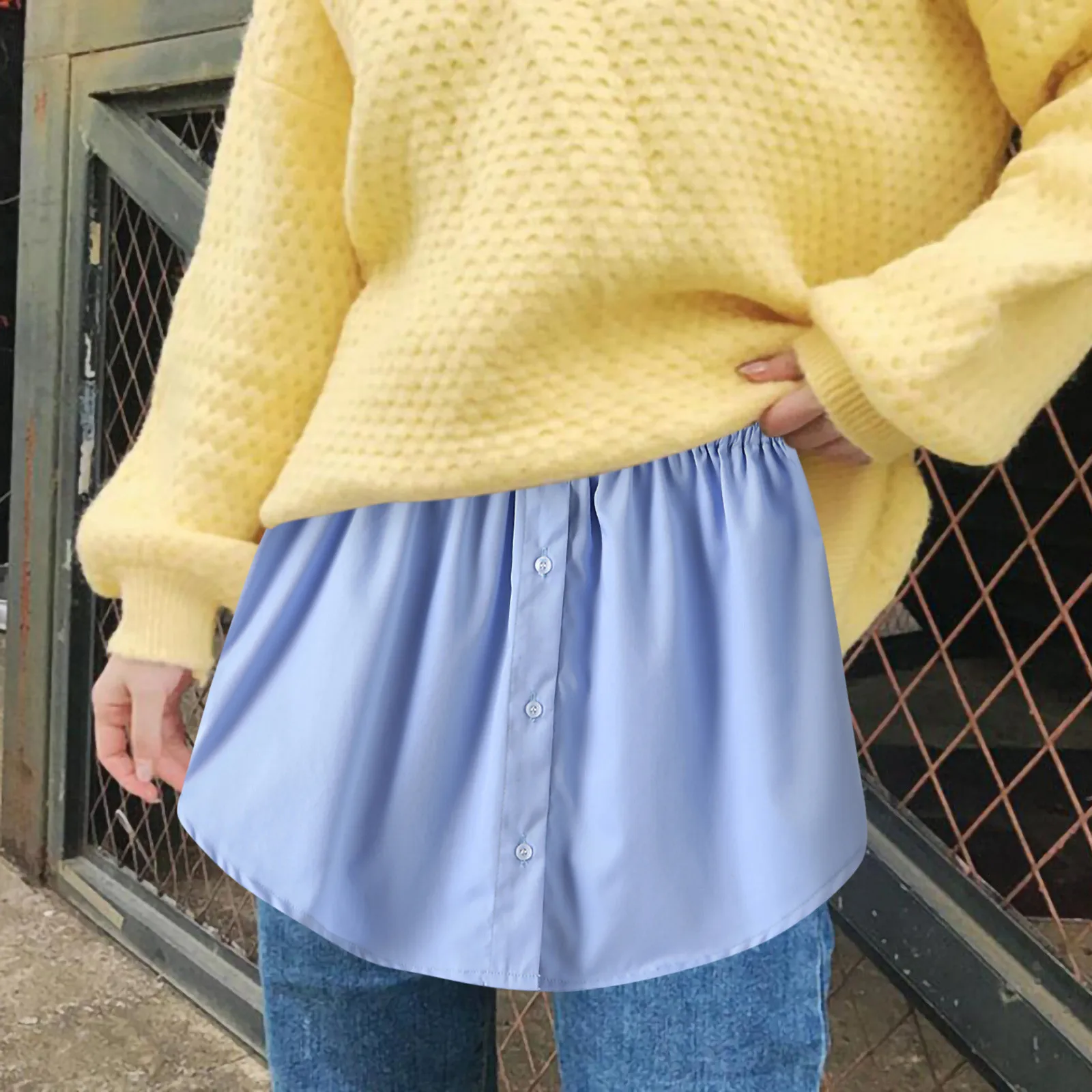 Camisa de dobladillo falso para mujer, camisa azul en capas con estampado de rayas transparentes, extensor de talla grande, falda ajustable de media longitud