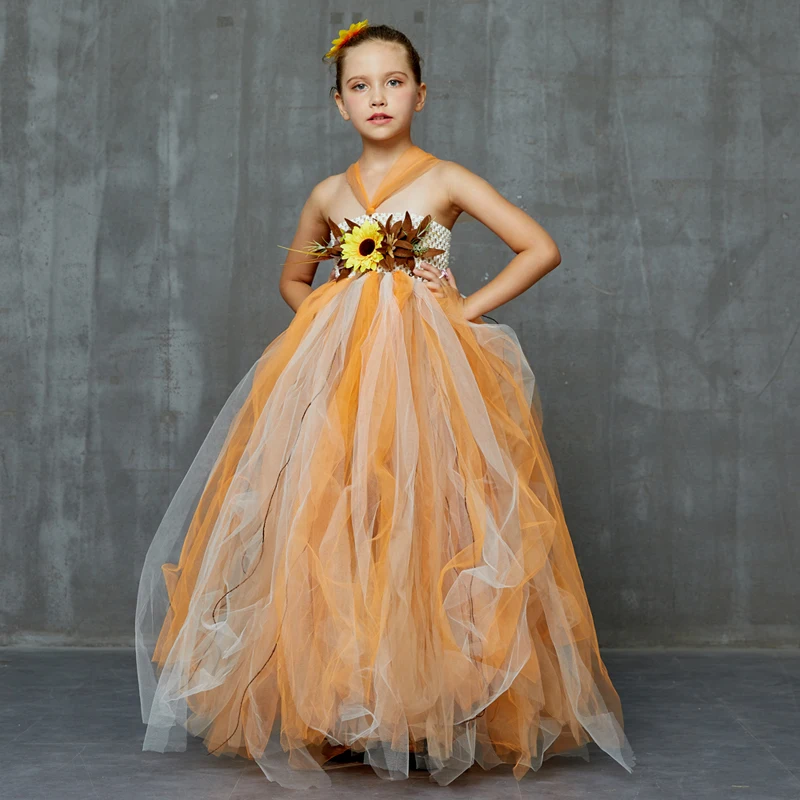 Autumn Scarecrow Girls Tutu Dress Set Kids Halloween Tulle Scare Crow Costume Fall Colored Flower Children Wedding Couture Dress (9)