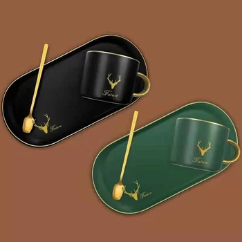 

230ml Porcelain Cappuccino Cups with Long Saucers and Mixing Spoon, Vintage Golden Antler Coffee Cup Teacup for Home Office