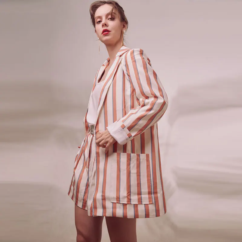 Bella Philosophy женский осенний полосатый пиджак на одной пуговице офисный женский костюм с высокими шортами комплект из двух предметов