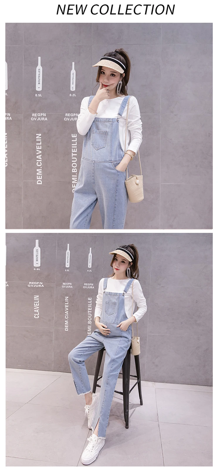 3259# Light Blue Washed Denim Maternity Jumpsuit Large Size Loose Autumn Fashion Overalls for Pregnant Women Pregnancy Bib Pants