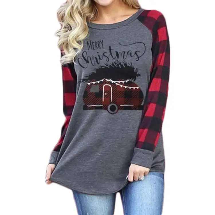

2020 New Fashion Merry Christmas Women T Shirts Long Sleeve Plaid Patchwork Casual Tops Tees T-shirt
