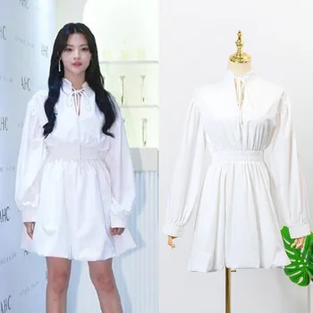 

kpop Blackpink same White sweet high waist long sleeve dress women autumn new small fresh elegant temperament Lace-up dresses