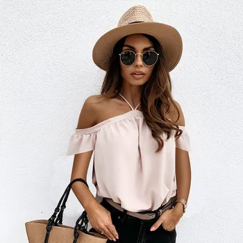 

Sexy Halter Off Shoulder Women Blouse Ruffles Short Sleeve Chiffon Blouses Female 2020 Summer Plus Size Casual Clothes Ladies