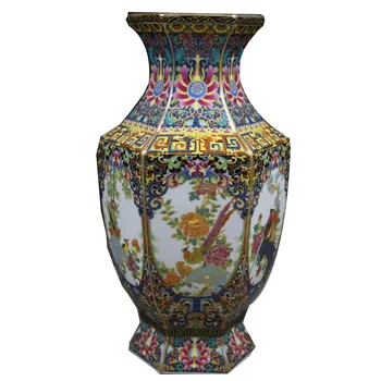 

QING QIANLONG ENAMEL COLORFUL FLOWERS AND BIRDS HEXAGONAL VASE ANTIQUE HOME DECORATION PORCELAIN DECORATION ANTIQUE COLLECTION