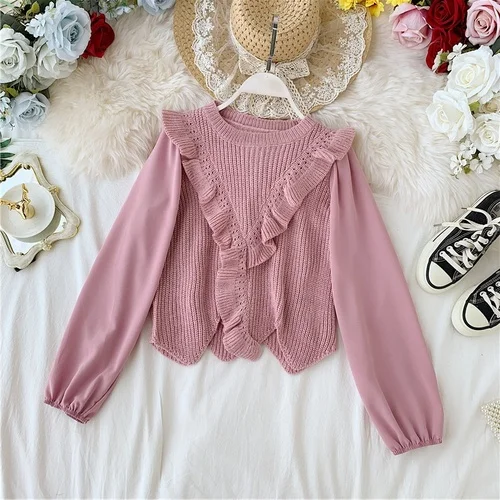 pink Neploe Pull Femme вязаный свитер с оборками и круглым вырезом с длинным рукавом осень зима милый пуловер свитера женский джемпер Трикотаж 55171 - Цвет: pink