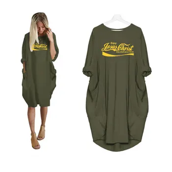 

2019 New Fashion Enjoy Jesus Ghrist Thou Shalt Never Thirst Print women long-sleeved irregular dress