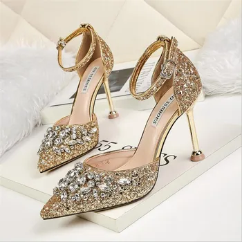 

2019 New Summer Women Sandals High Thin Heel Pointed Toe Buckle Bling Crystal Party Bridal Wedding Women Shoes Gold High Heels
