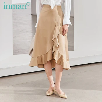 

INMAN 2020 Spring New Arrival Literary Retro High Waist Flounce Irregular A-line Lower Hem Women Skirt