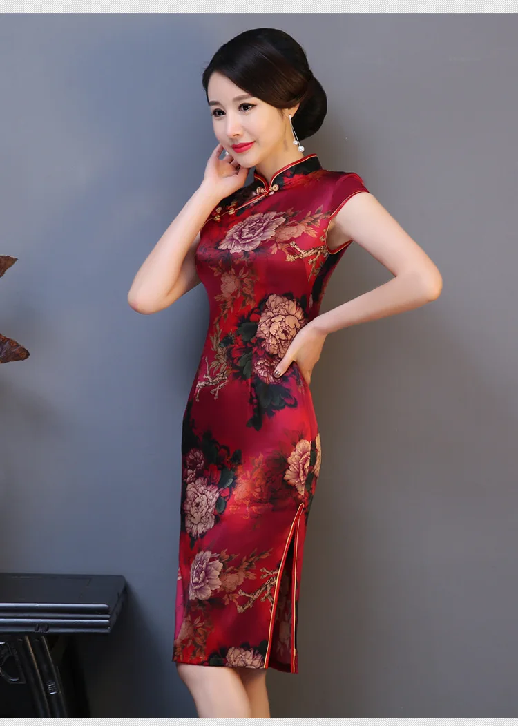 Шелковое женское платье Cheongsam Tang платье Китайский ветер Лето Средний старомодное платье шелк тутового дерева