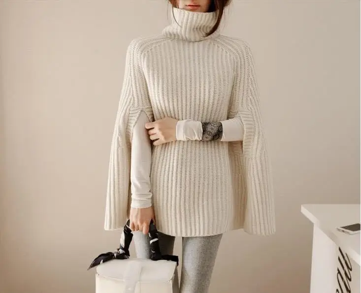 Водолазка оверсайз трикотажные свитера пуловеры повседневные свободные осенние свитера женские черные зимние Джемперы Женские пончо - Цвет: White