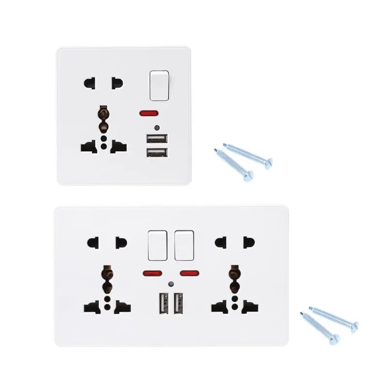 

Wall Socket With LED Light Switch 86 Type 5 Holes Double USB White PC Panel #RW1209