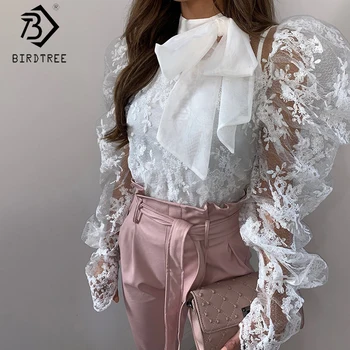 

New Arrival Embroidery Women's Tops 2020 Spring Bow Patchwork Long Puff Sleeve Ruffles Transparent Blouse Streetwear T02307K