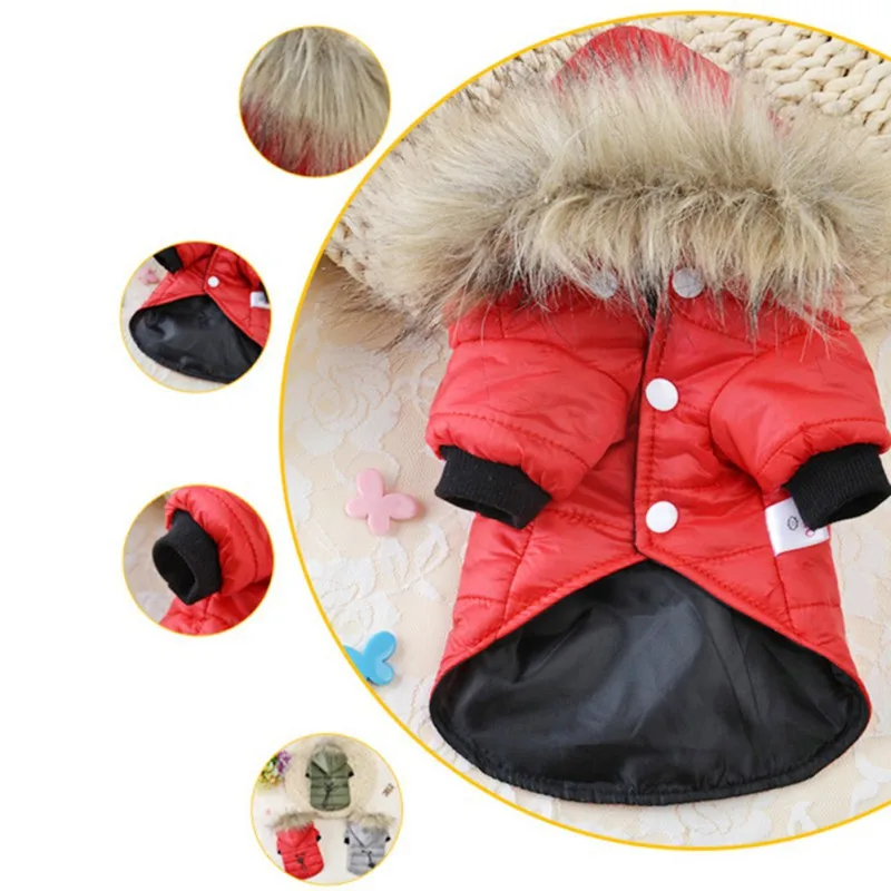 5 размеров, зимняя теплая одежда для собак, водонепроницаемая утепленная куртка для собак, для чихуахуа, мягкий меховой капюшон, куртка для щенков, одежда для XS-XL