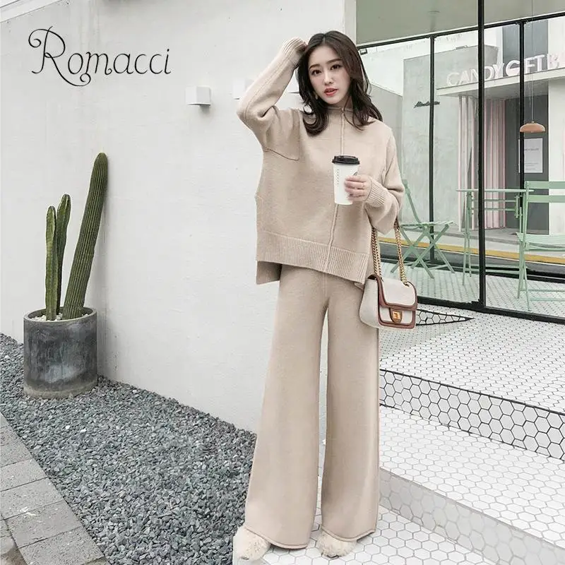 

Women Two Piece Suit Knitted Pullover Pants High Waist Splits Ribbed Wide Legs Rolled Hemline Casual Street Wear Women Piece Set