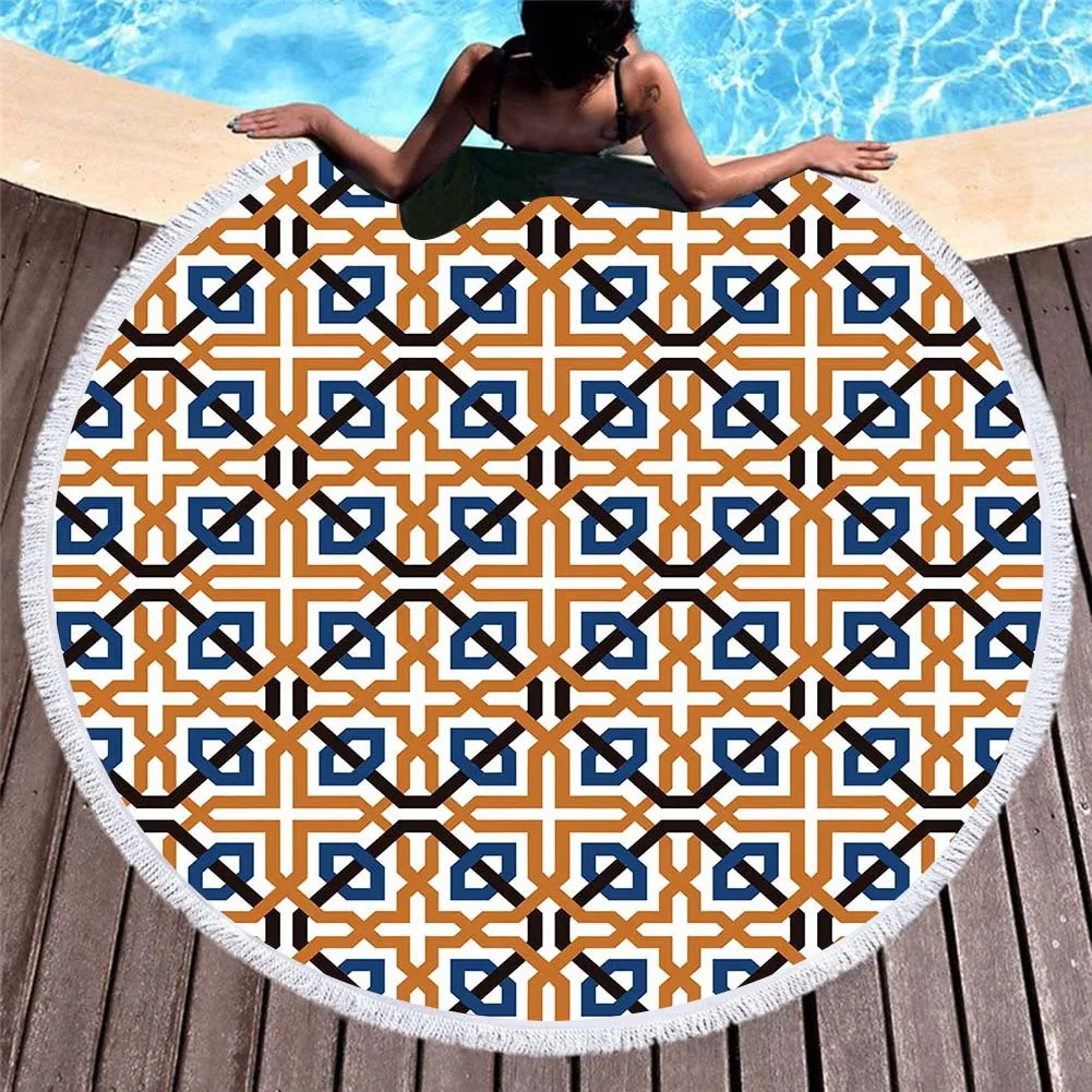 

2019 Europe And America 3D Digital Printing Wave Geometry Beach Towel Superfine Fibre Circle Tassels Beach Mat