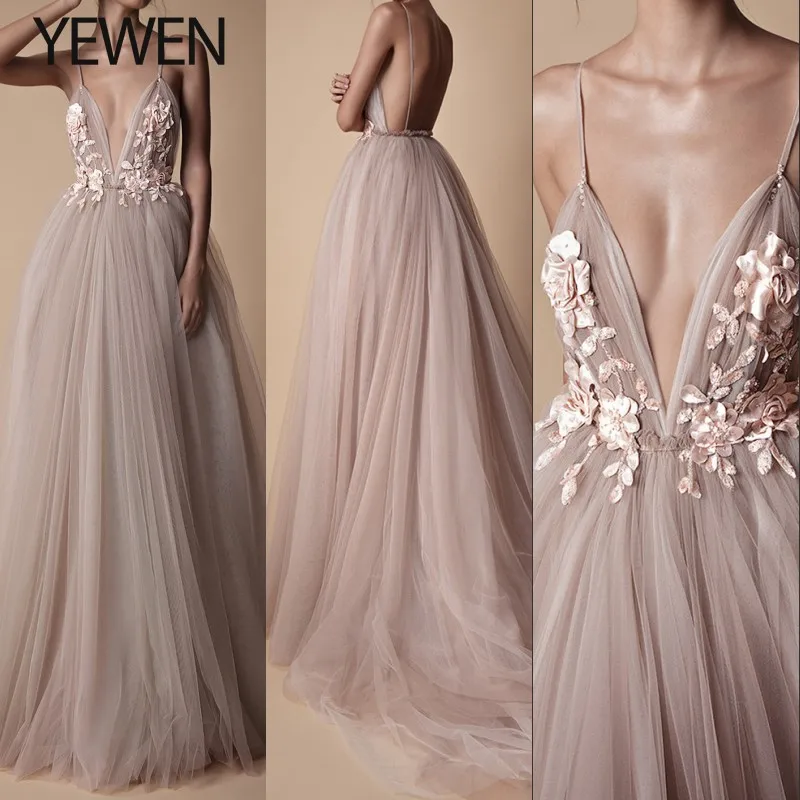 

Deep V Neck Tulle Long Evening Dress 2019 Backless Flowers Blush A Line Special Occasion Prom Gowns Custom Made Vestido de noche