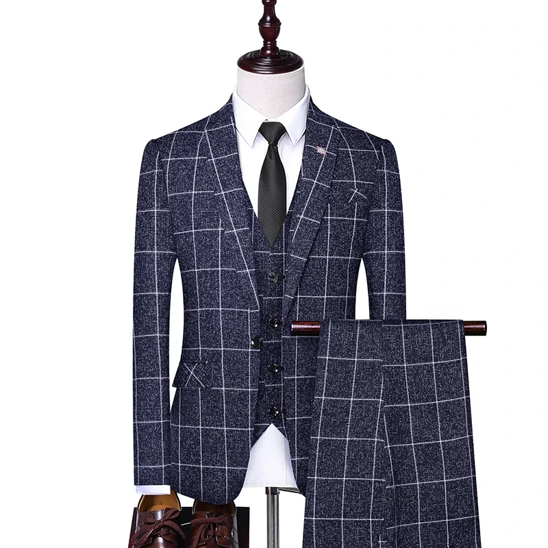 

(Jacket + Pants + Vest Sets)MOGU 2019 Stylish Black 3 Pieces Men Plaid Suits Casual Slim Wedding Suits Groom Tweed Wool Tuxedo