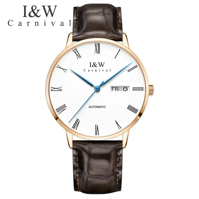 Carnival I&W Thin Automatic Watch Men Leather Strap Mechanical Watches Top Brand Luxury Roma Number Clock relogio masculino - Цвет: Серый