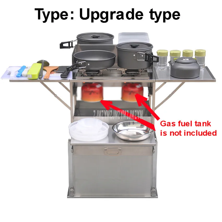 2-3 человека на открытом воздухе Мобильная Кухня 304 из нержавеющей стали складной стол для приготовления пищи Пешие прогулки газовая плита для кемпинга плита+ лобовое стекло W450 - Цвет: Upgrade type