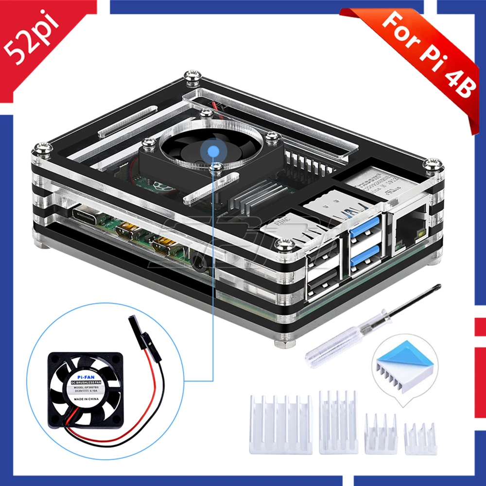 52Pi акриловый прозрачный/прозрачный и черный чехол для Raspberry Pi 4 Модель B с