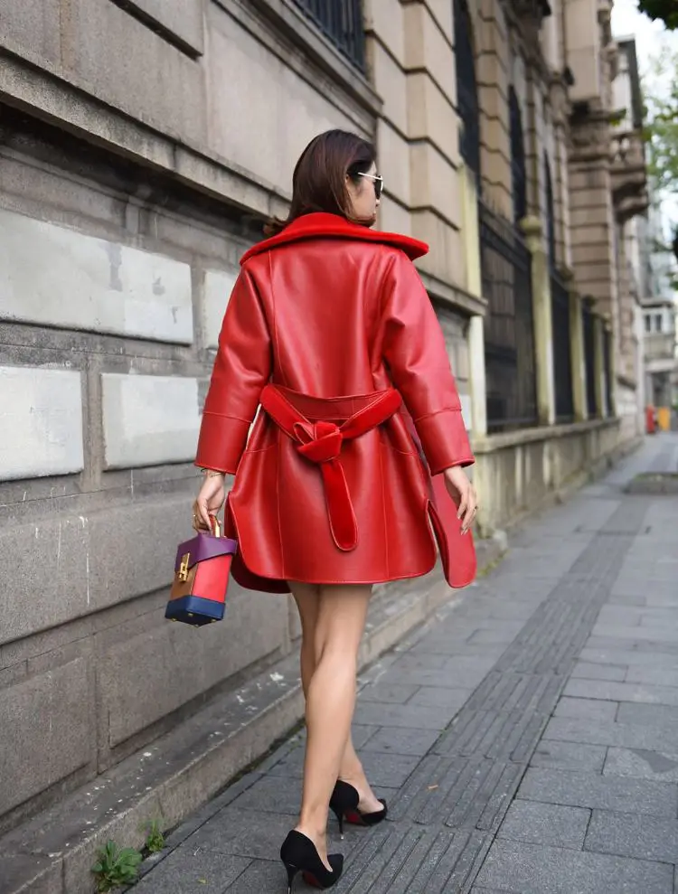 Women New Autumn Winter Real Natural Sheep Shearling Overcoat Sheepskin Jacket Female Double Sided Outwear With Sashes N124