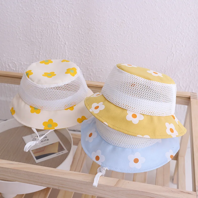 Children's Finger Toothbrush Summer Mesh Outdoor Baby Girl Bucket Hat Flower Print Breathable Kids Sun Hat Toddler Children Beach Caps baby stroller mosquito net