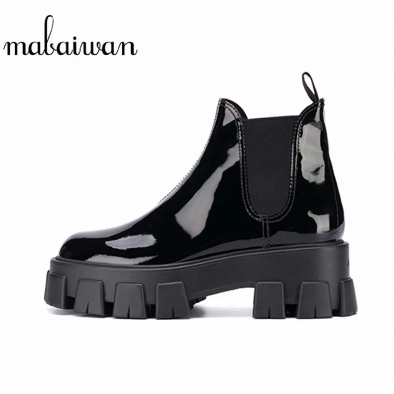 Mabaiwan/фирменный дизайн; женские черные ботильоны из микрофибры на платформе; обувь на массивном квадратном каблуке; женские повседневные ботинки из лакированной кожи