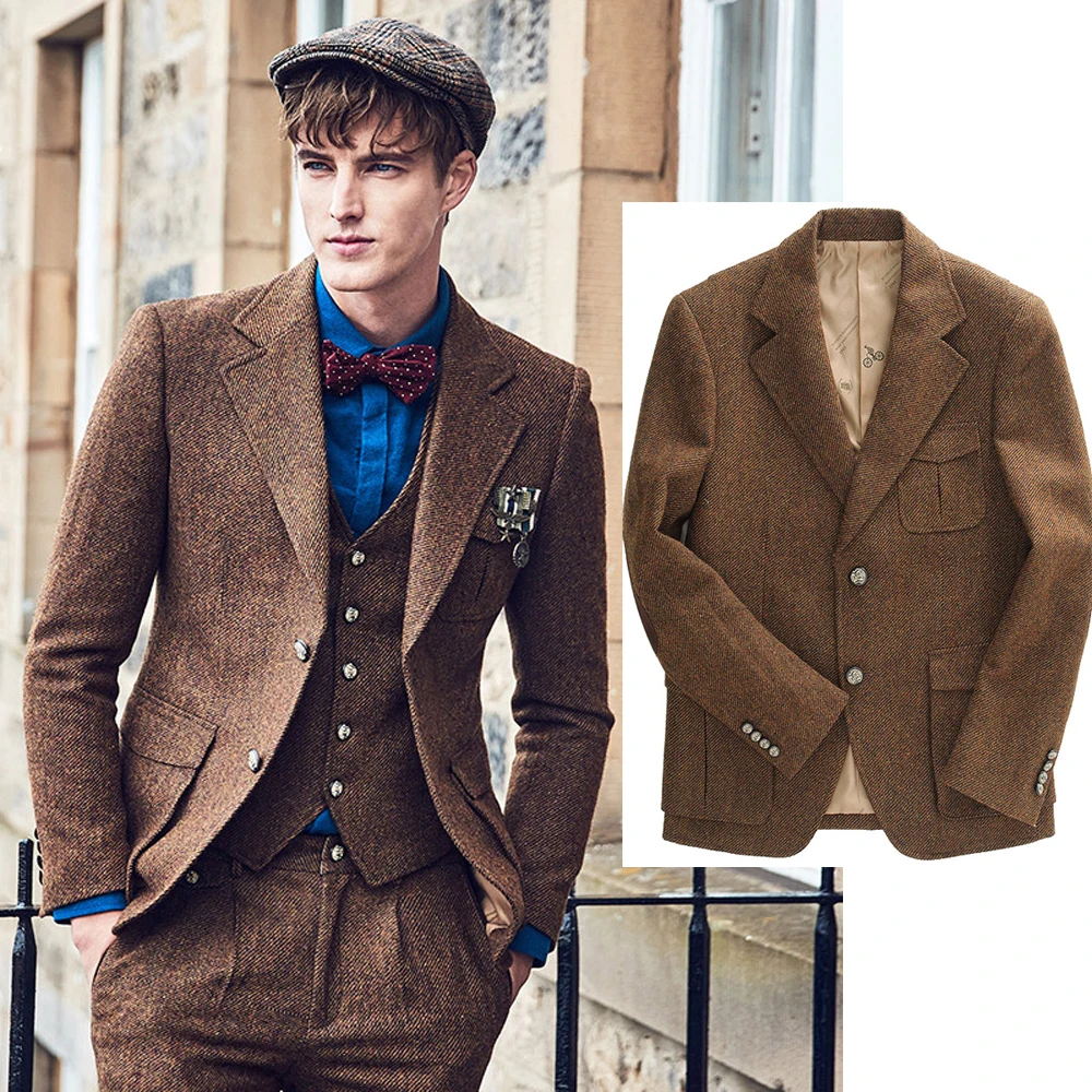 

Vintage Brown Tweed Men's Winter Jacket 3 Piece Male Suit Blazers Set Costume Homme Winter Wedding Dress Masculino Custom Made