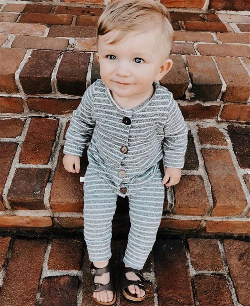 

0-24 Months Toddler Baby Boy Baby Girl Clothes Single Breasted Striped Romper Jumpsuit Outfits Clothes White Stripes