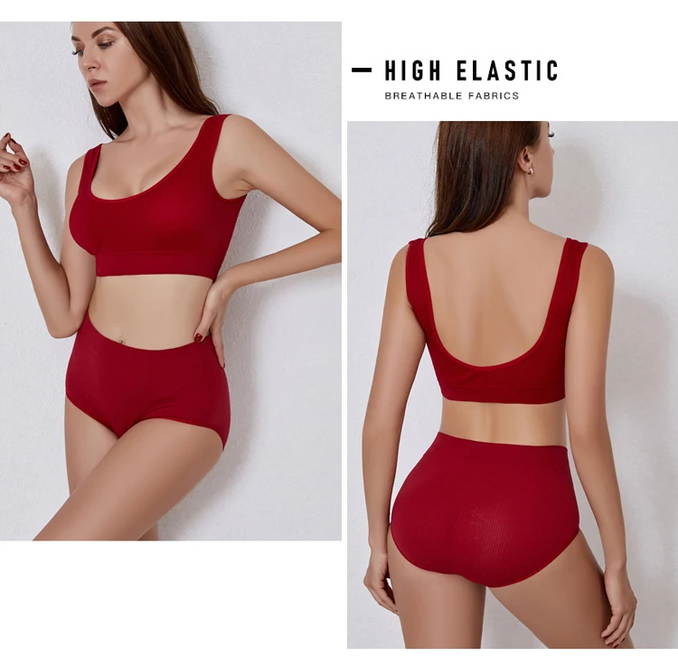 Seamless Women Bra Pantys Set Sexy Female High Waist Underwear Suit Soft Wireless Lingerie Fashion Ribbed Backless Top Underpant red bra set