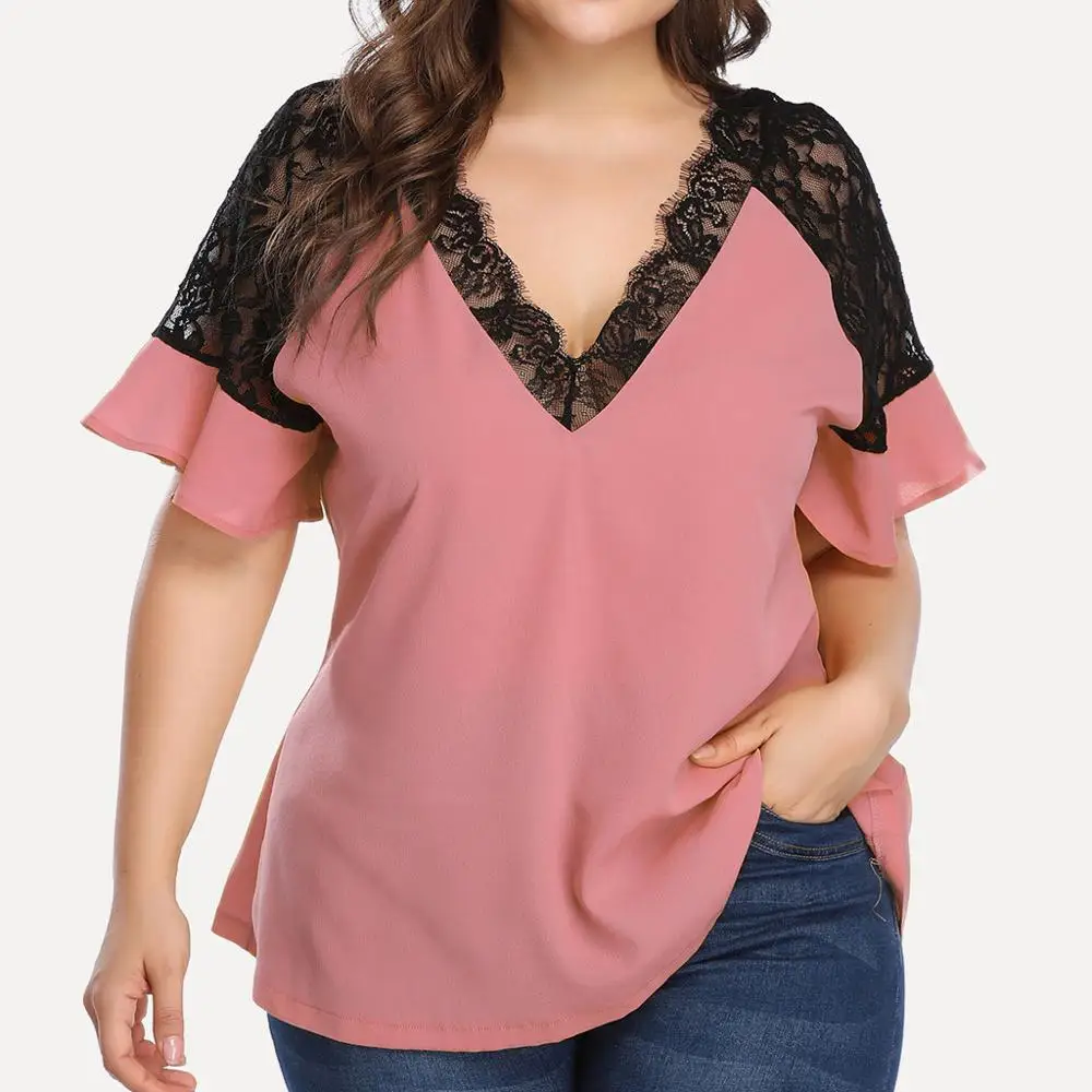 

Womens Tops And Blouses Plus Size Chiffon Lace Patchwork V-Neck Solid Summer Short Sleeve Blouse blouse et chemisier femme #3F
