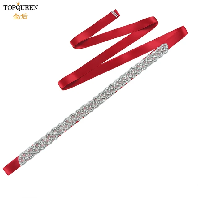 TOPQUEEN S216 Women's Rhinestones Belt Handmade Wedding Dresses Belt Marriage Bridal Ribbion Belts Wedding Bride Sash Party Belt Wine red ribbon