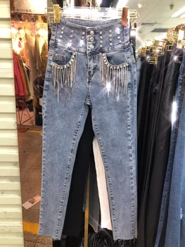 

Spring Autumn Jeans Woman New Heavy Tassel Diamond Pockets High-Waist Slim-Fit Stretch Jeans Pants Rhinestone Denim Trousers