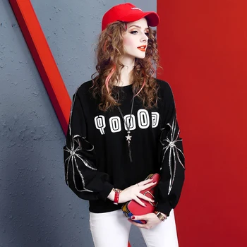

Cobwebs Sequins Black Sweatshirt Women Casual Letters Long Sleeve Sweatshirts For Woman Ins Hot Sale Spring Tops