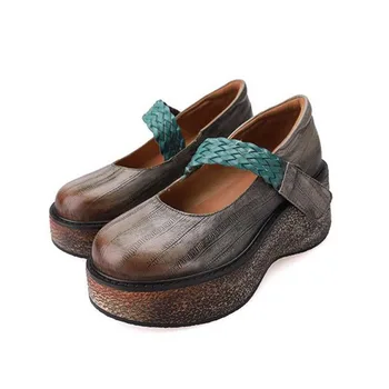 

YourSeason High Heels Genuine Leather Retro Shoes 2020 New Spring Autumn Hook Loop Round Toe Ladies Casual Wedges Platform Shoes