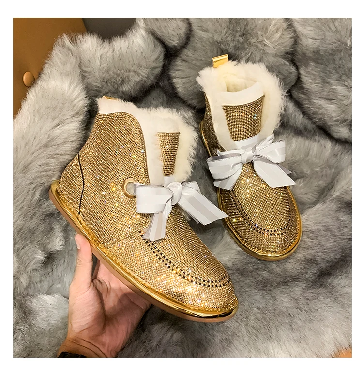 Г., зимние женские ботинки со стразами плюшевые ботинки на низком каблуке без шнуровки серебристого цвета в австралийском стиле Модная хлопковая обувь