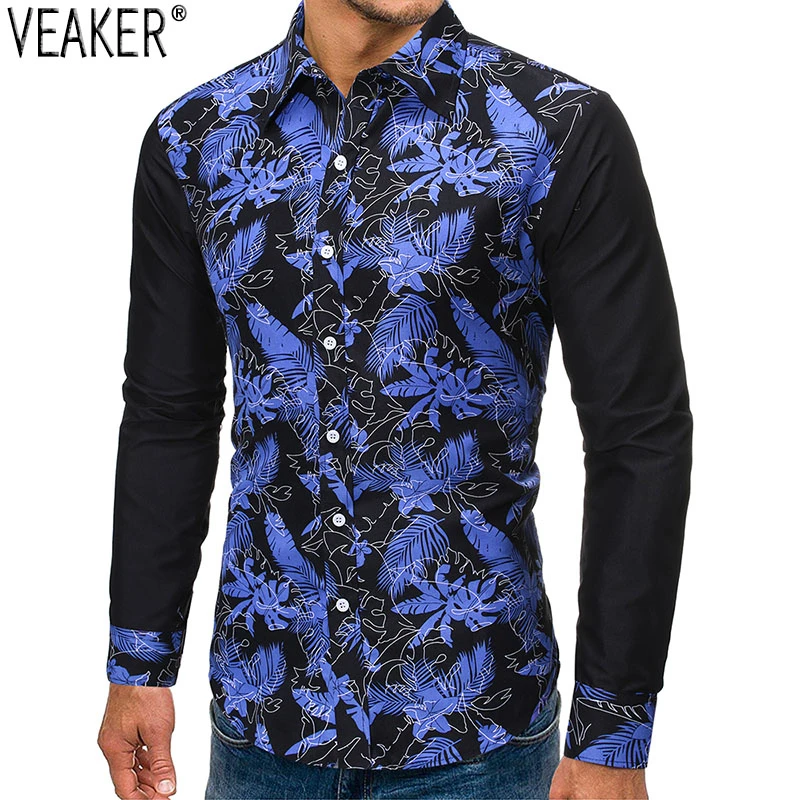 Новинка 2019 мужские рубашки в стиле пэчворк с цветочным принтом облегающие