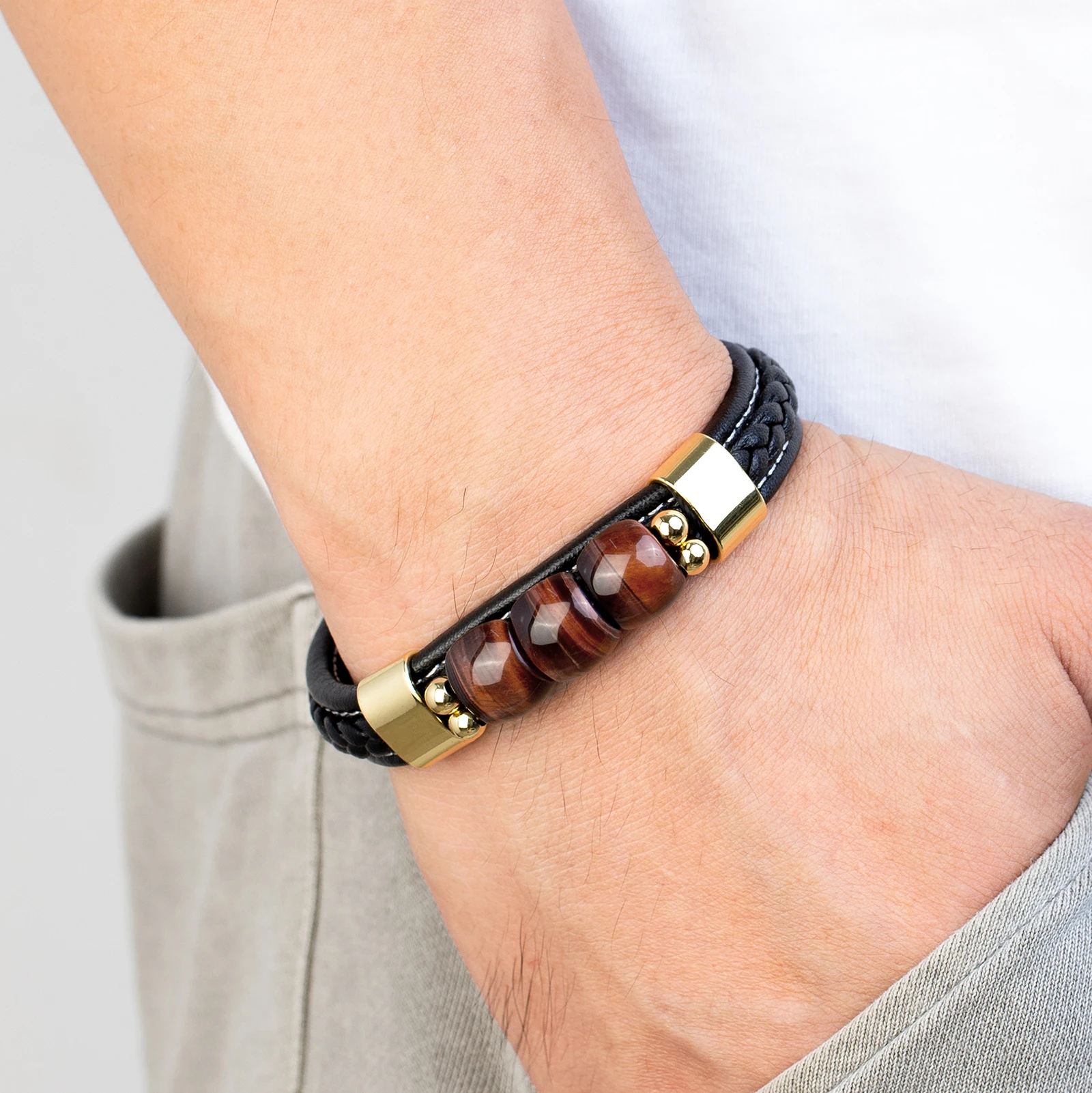 Natural Red Tiger Eye 3 Lucky Charm Jewelry Bracelet 316L Stainless Steel Leather Cord Men's Bracelet OL Style charm bracelet