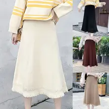 Женская Осенняя Зимняя юбка Эластичная Высокая талия сплошной цвет кисточка дикое слово длинный абзац юбка Новинка