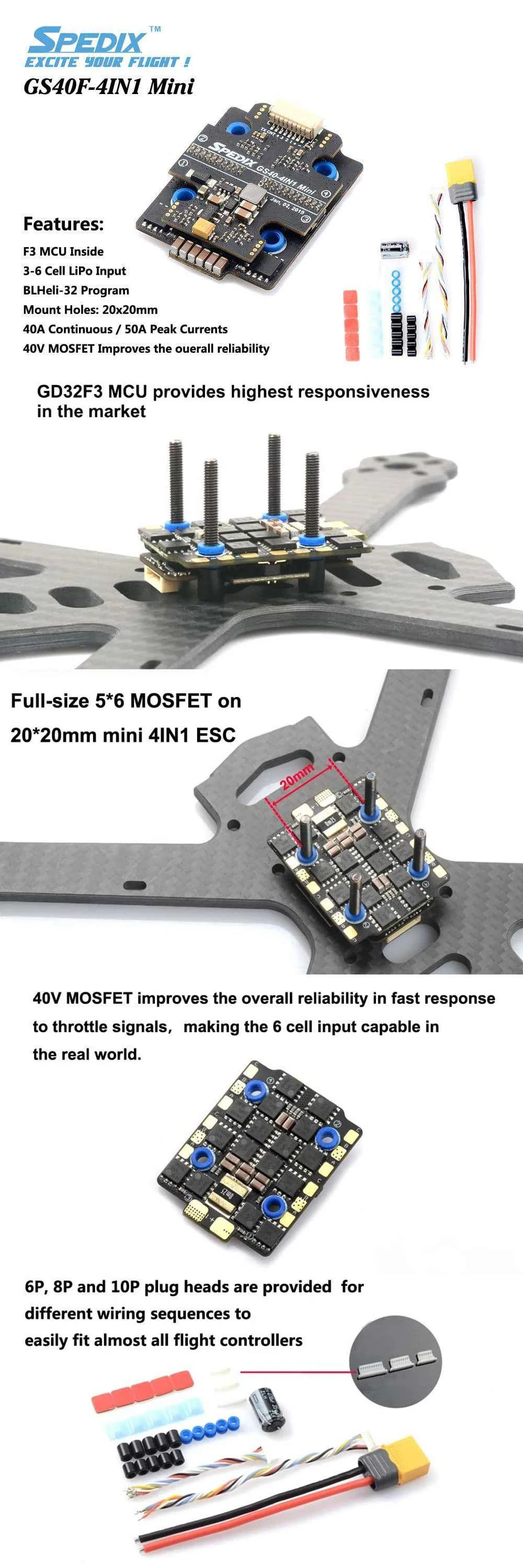 Spedix GS40F 40A с диагональю экрана 3-6S BLHeli32 4-в-1 Мини FPV ESC дрона с дистанционным управлением для мультикоптеров Запчасти аксессуары