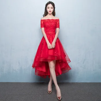 

Red Women Slash Neck Lace Party Dress Fashion Wedding Banquet Bride Chinese style Elegant Prom Short Mesh Gown Vestido XS-3XL