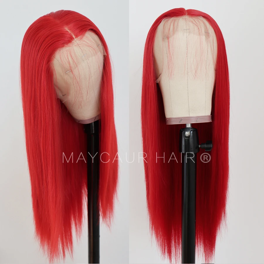 Maycaur Red Blue Green Color Long Straight Lace Front Wigs Heat Resistant Glueless Synthetic Hair Wigs for Women (3)