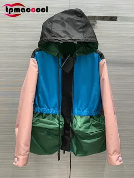 

Luxury Designer women high end contrast patchwork huge pockets Tooling Wind Drawstring Waist hooded Jacket Outwear brand coat